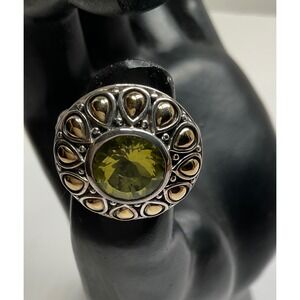JAI Sterling Silver 14K Gold Green Gemstone Halo Statement Ring Size 6